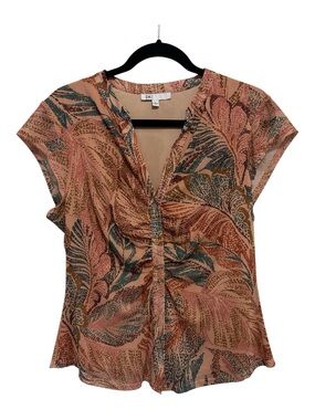 DR2 Peachy Pink & Teal Tropical Print Cap Sleeve Blouse